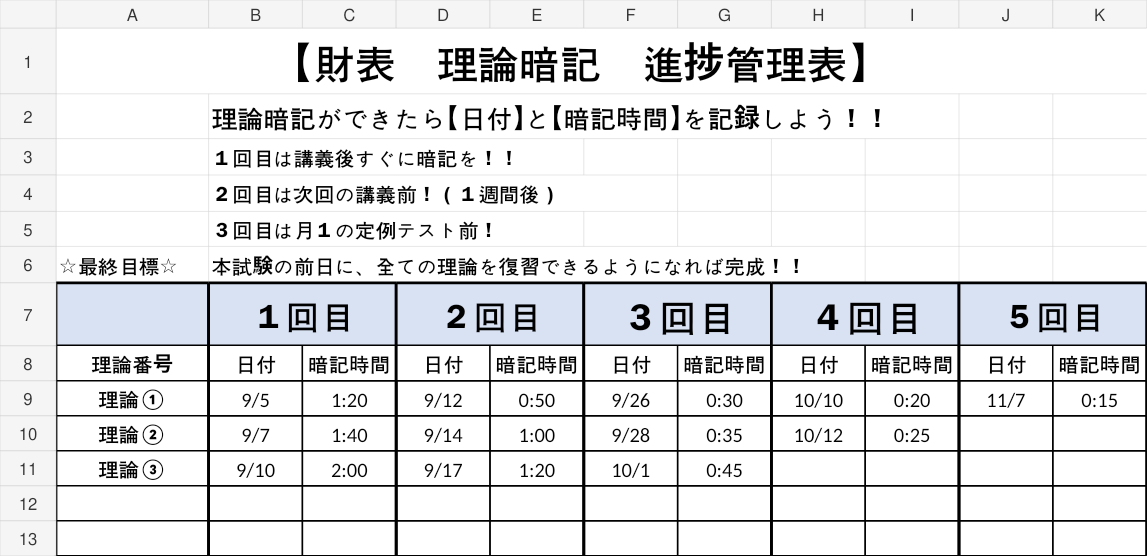 財務諸表論 理論暗記進捗管理表 記入例